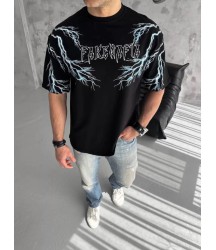 Unisex Bisiklet Yaka Baskılı Oversize T-Shirt - Siyah