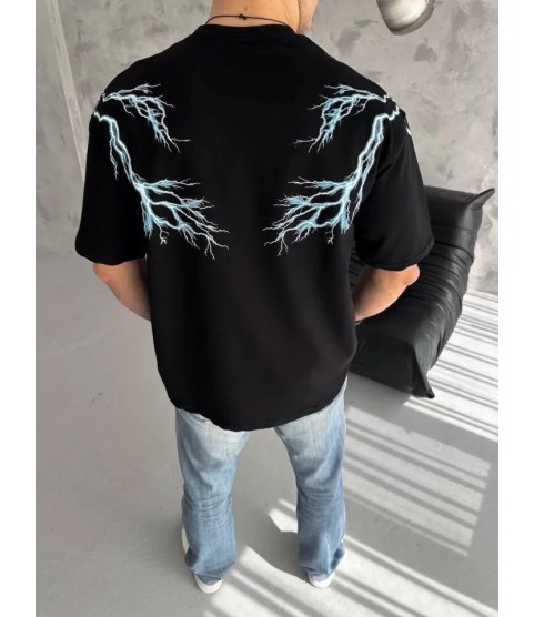 Unisex Bisiklet Yaka Baskılı Oversize T-Shirt - Siyah