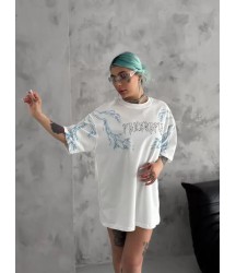 Unisex Bisiklet Yaka Baskılı Oversize T-Shirt - Beyaz