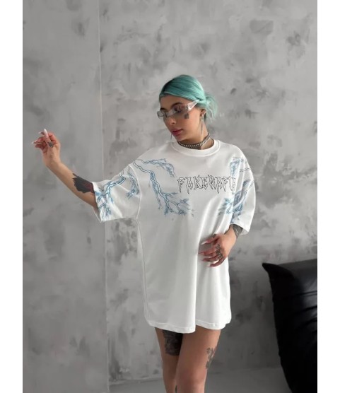 Unisex Bisiklet Yaka Baskılı Oversize T-Shirt - Beyaz