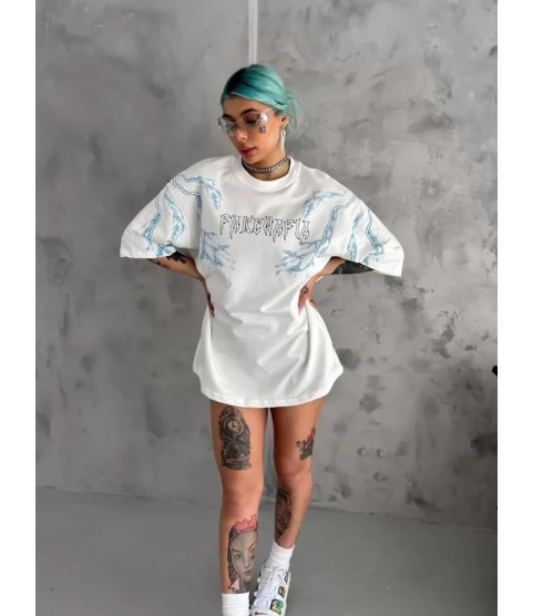 Unisex Bisiklet Yaka Baskılı Oversize T-Shirt - Beyaz