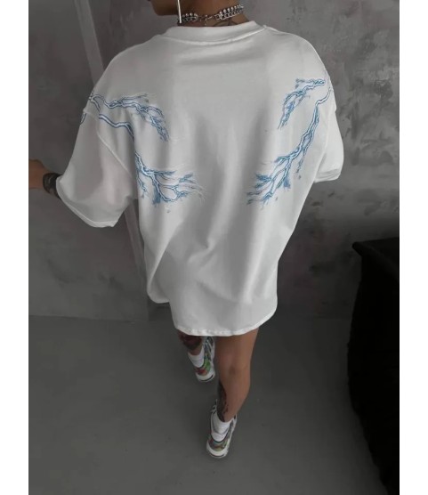 Unisex Bisiklet Yaka Baskılı Oversize T-Shirt - Beyaz
