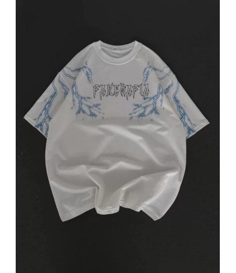 Unisex Bisiklet Yaka Baskılı Oversize T-Shirt - Beyaz