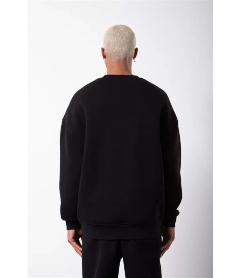 Unisex Biskilet Yaka Üç İplik SweatShirt - Siyah
