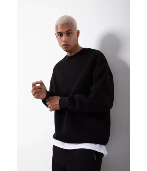 Unisex Biskilet Yaka Üç İplik SweatShirt - Siyah