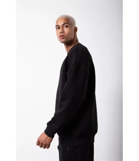Unisex Biskilet Yaka Üç İplik SweatShirt - Siyah