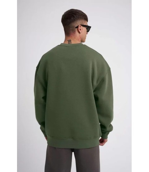 Unisex Biskilet Yaka Üç İplik SweatShirt - Haki