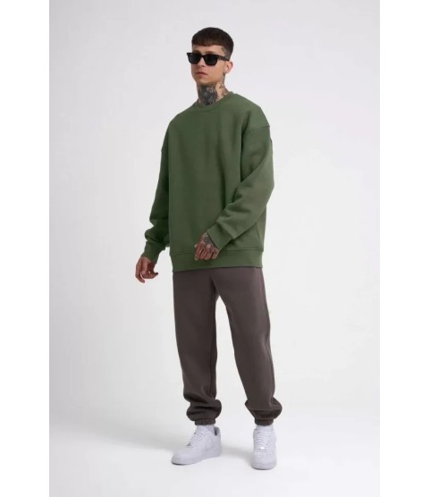 Unisex Biskilet Yaka Üç İplik SweatShirt - Haki