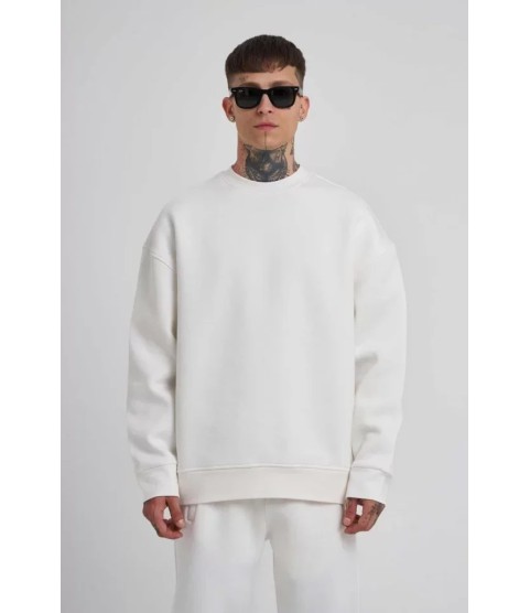Unisex Biskilet Yaka Üç İplik SweatShirt - Beyaz