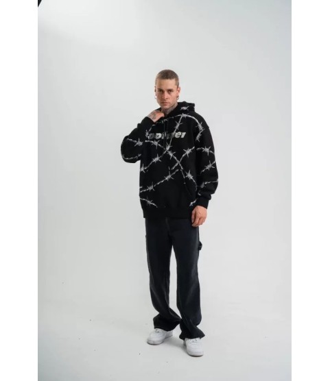 POLIZEI Premium Kalite Kapşonlu Varak Ve Pano Baskılı SweatShirt - Siyah