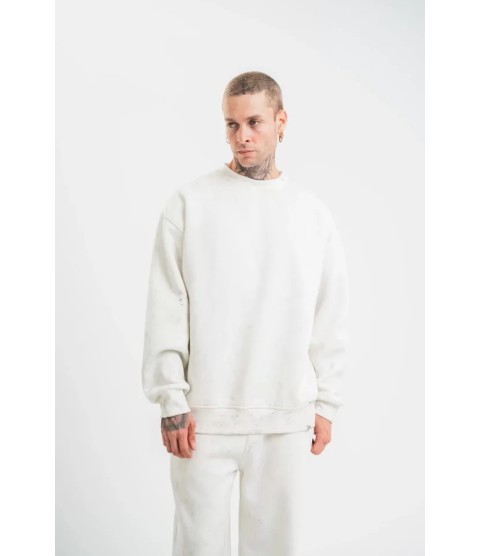 Unisex Uzun Kol Bisiklet Yaka Yıkamalı SweatShirt - Beyaz