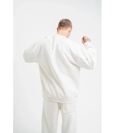 Unisex Uzun Kol Bisiklet Yaka Yıkamalı SweatShirt - Beyaz