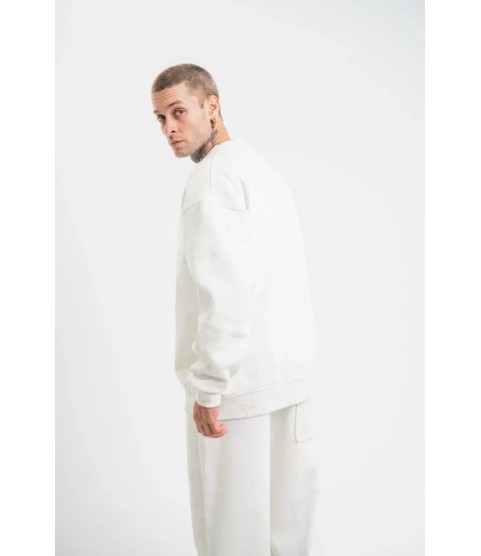Unisex Uzun Kol Bisiklet Yaka Yıkamalı SweatShirt - Beyaz