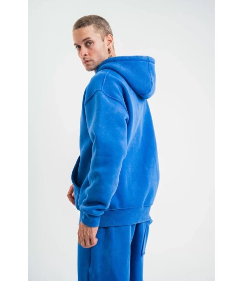 Unisex Double Oversize Kapşonlu Yıkamalı SweatShirt - Mavi