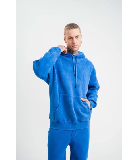 Unisex Double Oversize Kapşonlu Yıkamalı SweatShirt - Mavi