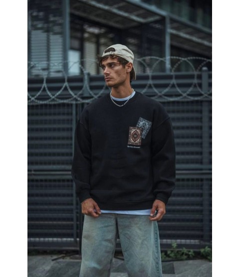 Uzun Kol Bisiklet Yaka Baskılı SweatShirt - Siyah