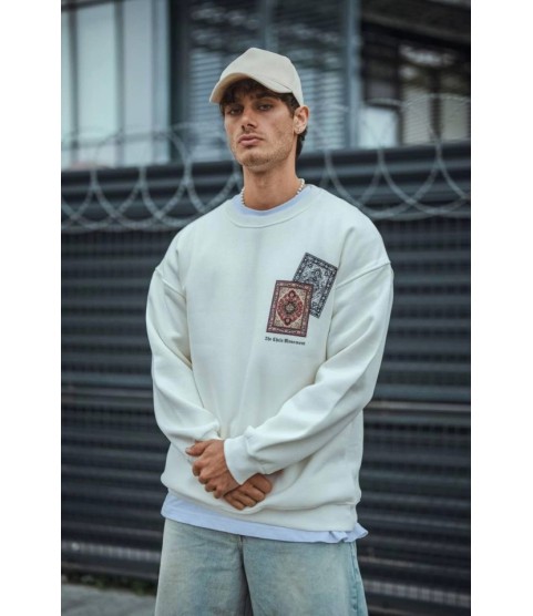 Uzun Kol Bisiklet Yaka Baskılı SweatShirt - Beyaz