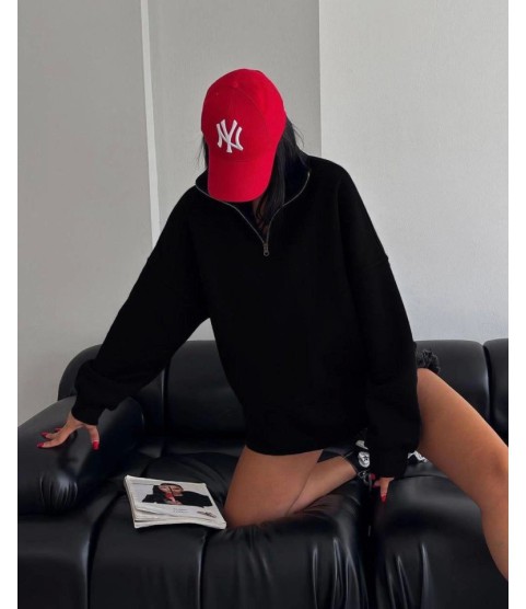 Yarım Fermuarlı Üç İplik Sweatshirt - Siyah