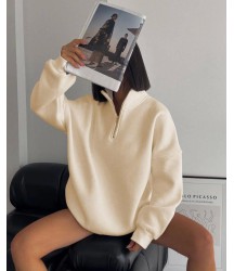 Yarım Fermuarlı Üç İplik Sweatshirt - Bej