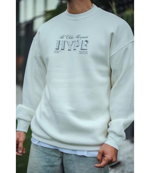 Üç İplik Bisiklet Yaka Baskılı SweatShirt - Beyaz