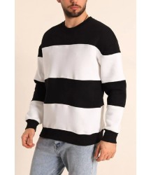 Parçalı Bisiklet Yaka Baskılı SweatShirt - Siyah