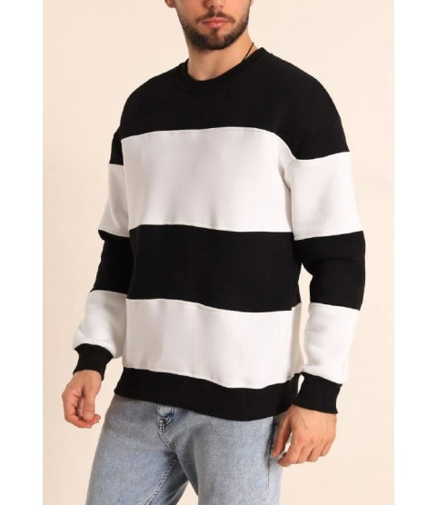 Parçalı Bisiklet Yaka Baskılı SweatShirt - Siyah