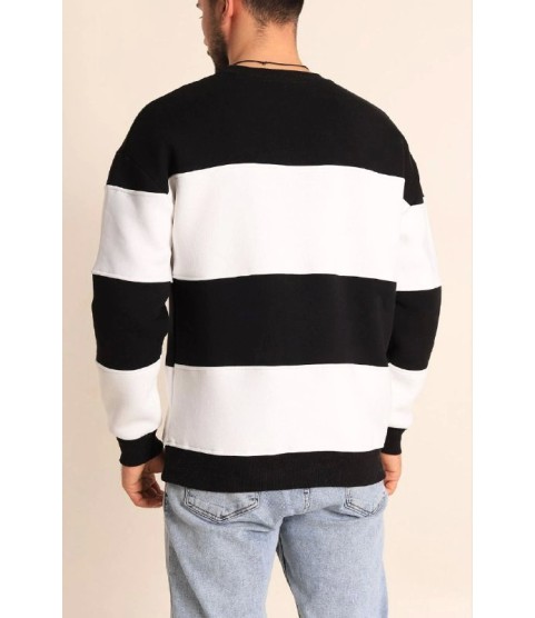 Parçalı Bisiklet Yaka Baskılı SweatShirt - Siyah