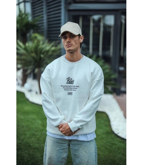 Kışlık Bisiklet Yaka Ön Ve Arka Baskılı SweatShirt - Beyaz