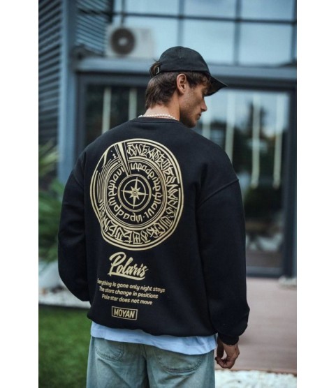Kışlık Bisiklet Yaka Ön Ve Arka Baskılı SweatShirt - Siyah