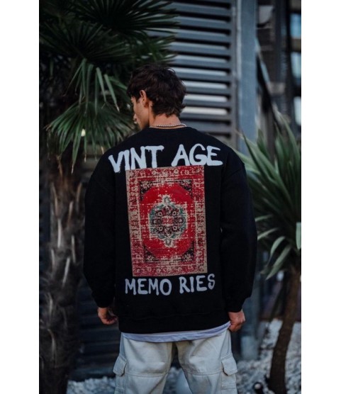 Oversize Bisiklet Yaka Üç İplik Baskılı SweatShirt - Siyah