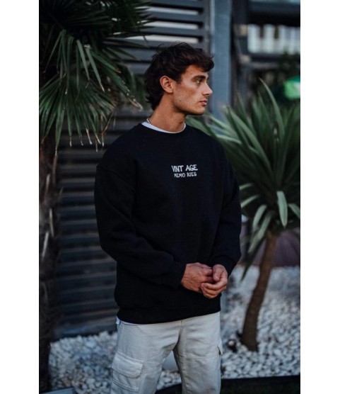 Oversize Bisiklet Yaka Üç İplik Baskılı SweatShirt - Siyah