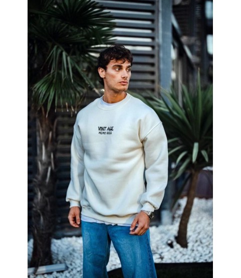 Oversize Bisiklet Yaka Üç İplik Baskılı SweatShirt - Beyaz