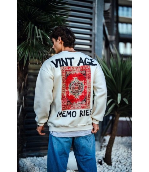 Oversize Bisiklet Yaka Üç İplik Baskılı SweatShirt - Beyaz