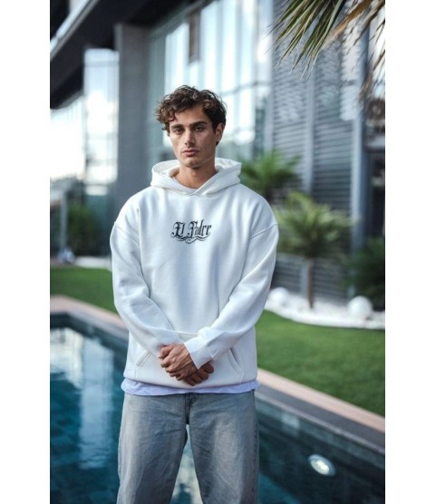 Üç İplik Penye Kapşonlu Baskılı SweatShirt - Beyaz