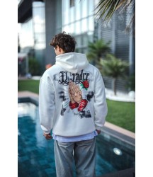 Üç İplik Penye Kapşonlu Baskılı SweatShirt - Beyaz