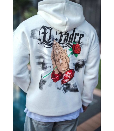 Üç İplik Penye Kapşonlu Baskılı SweatShirt - Beyaz