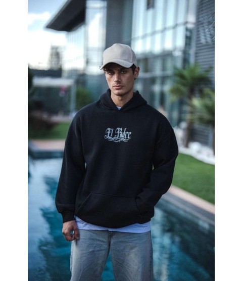 Üç İplik Penye Kapşonlu Baskılı SweatShirt - Siyah