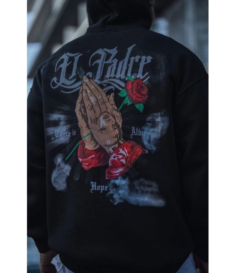 Üç İplik Penye Kapşonlu Baskılı SweatShirt - Siyah