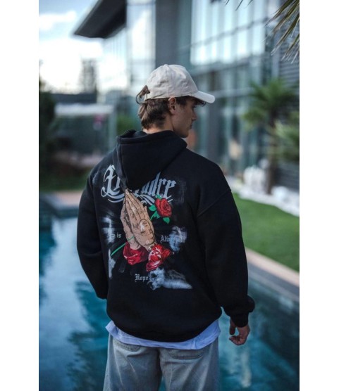 Üç İplik Penye Kapşonlu Baskılı SweatShirt - Siyah