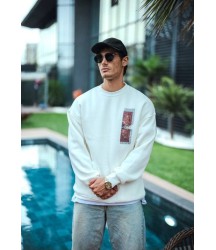 Uzun Kol Bisiklet Yaka Ön Ve Arka Baskılı SweatShirt - Beyaz
