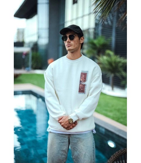 Uzun Kol Bisiklet Yaka Ön Ve Arka Baskılı SweatShirt - Beyaz