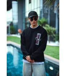 Uzun Kol Bisiklet Yaka Ön Ve Arka Baskılı SweatShirt - Siyah