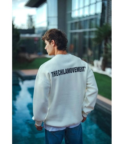 Kışlık Bisiklet Yaka Oversize Baskılı SweatShirt - Beyaz