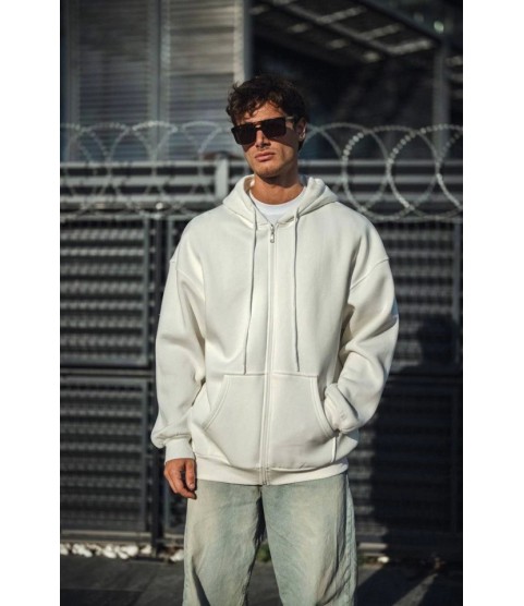 Oversize Tam Fermuarlı Uzun Kol Hırka - Beyaz