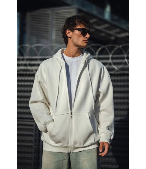 Oversize Tam Fermuarlı Uzun Kol Hırka - Beyaz