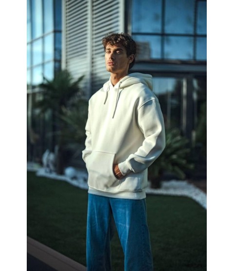 Üç İplik Penye Kapşonlu Basic SweatShirt - Beyaz