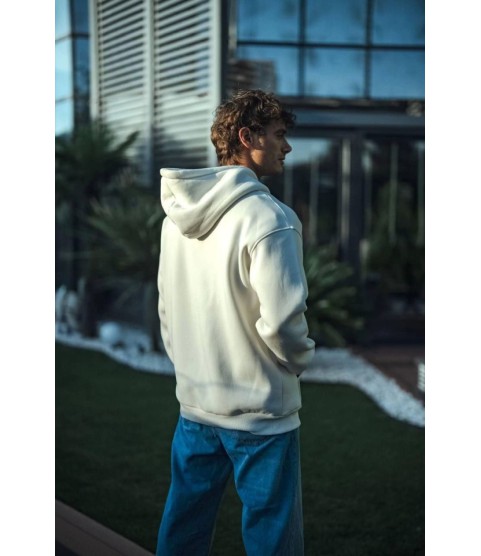 Üç İplik Penye Kapşonlu Basic SweatShirt - Beyaz