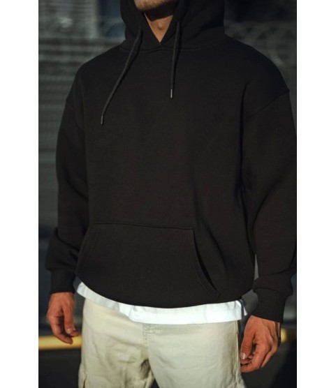 Üç İplik Penye Kapşonlu Basic SweatShirt - Siyah