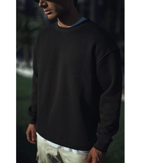 Kışlık Bisiklet Yaka Üç İplik Basic SweatShirt - Siyah
