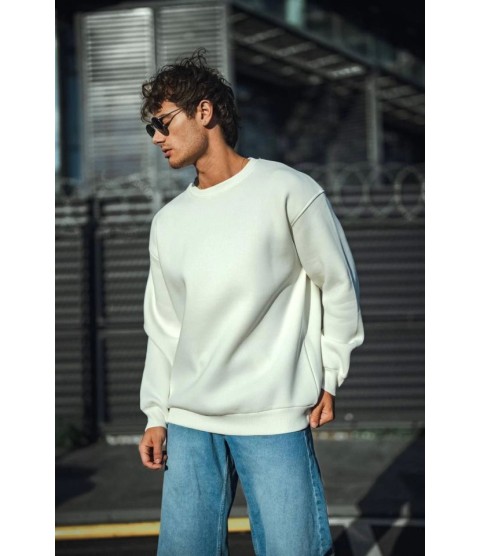 Kışlık Bisiklet Yaka Üç İplik Basic SweatShirt - Beyaz